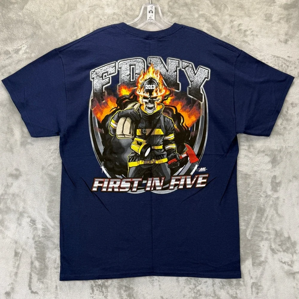 FDNY‎ First In Five Prob Firefighter 2013 Graphic T-Shirt Navy Blue Mens Large